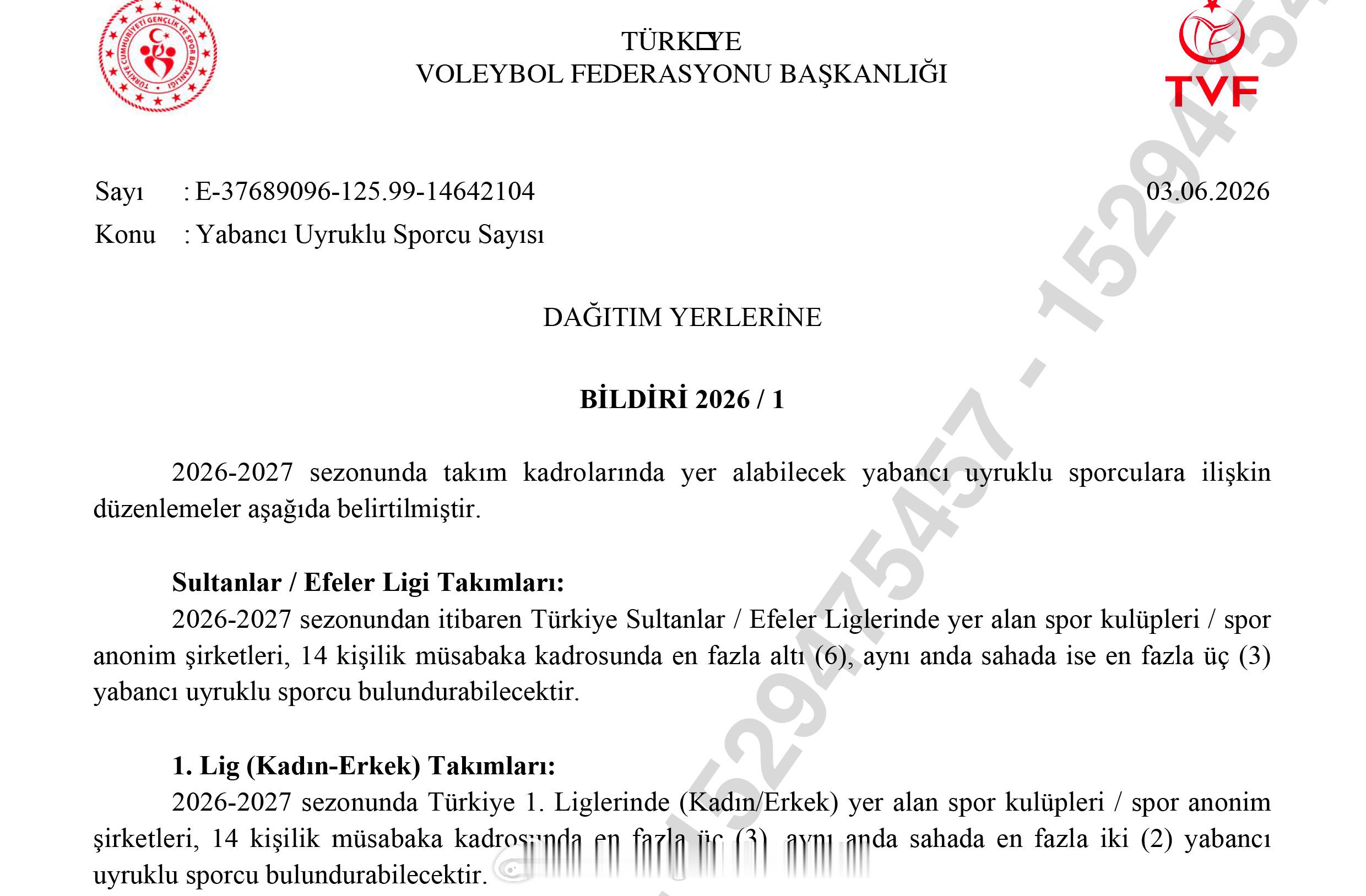 🇹🇷 土耳其，针对外国球员的新规土耳其联合会已确定2026/27赛季的外援限