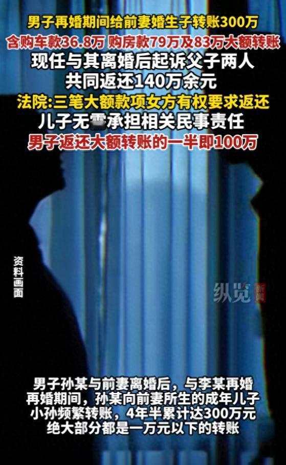 江苏无锡，一男子再婚期间，竟悄悄向前妻所生的成年儿子转账高达300万元，大部分是