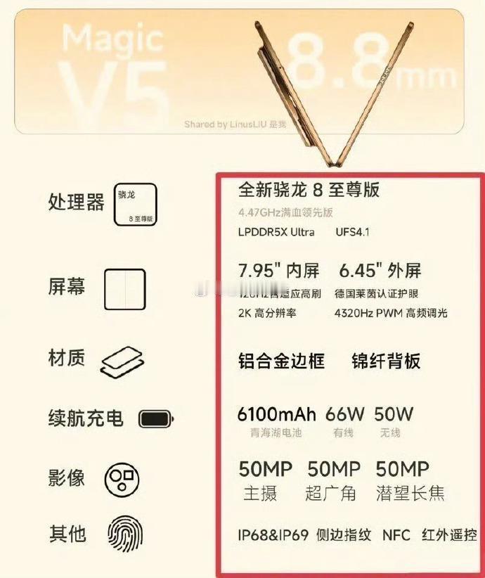 荣耀Magic V5机身折叠厚度只有8.8mm！现在说最轻薄没有异议吧！加上骁龙