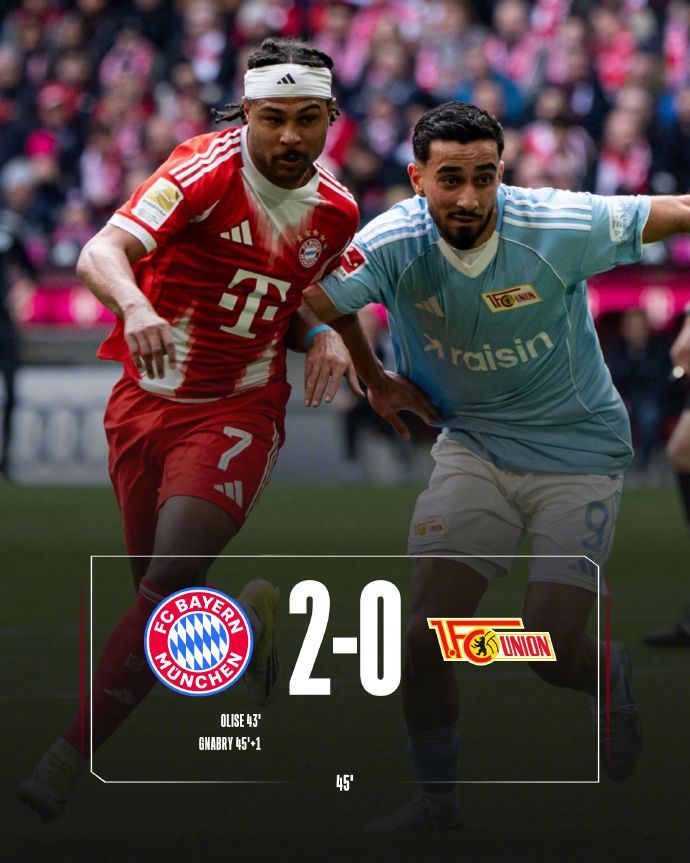 拜仁半场2-0领先柏林联，格纳布里真是踢嗨了！整个上半场，格纳布里除了1粒进球，