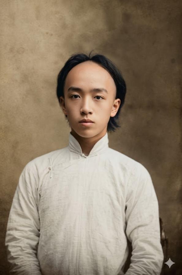这张是1909年，18岁的少年胡适的肖像照，也是现存最早的胡适影像之一。照片右侧