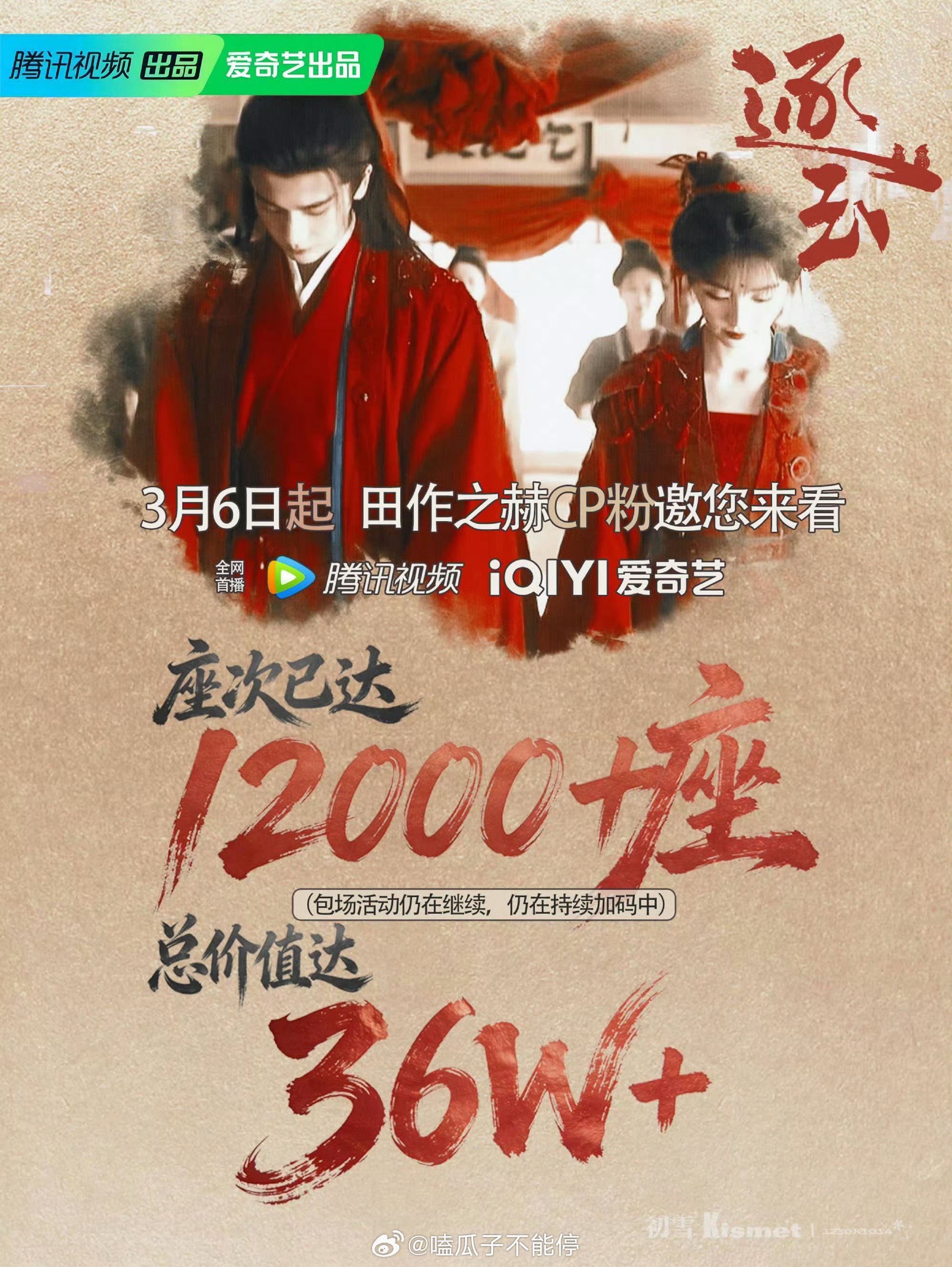 张凌赫田曦薇cp超话人数张凌赫、田曦薇cpf给逐玉准备了1.2w个云包场，这也太