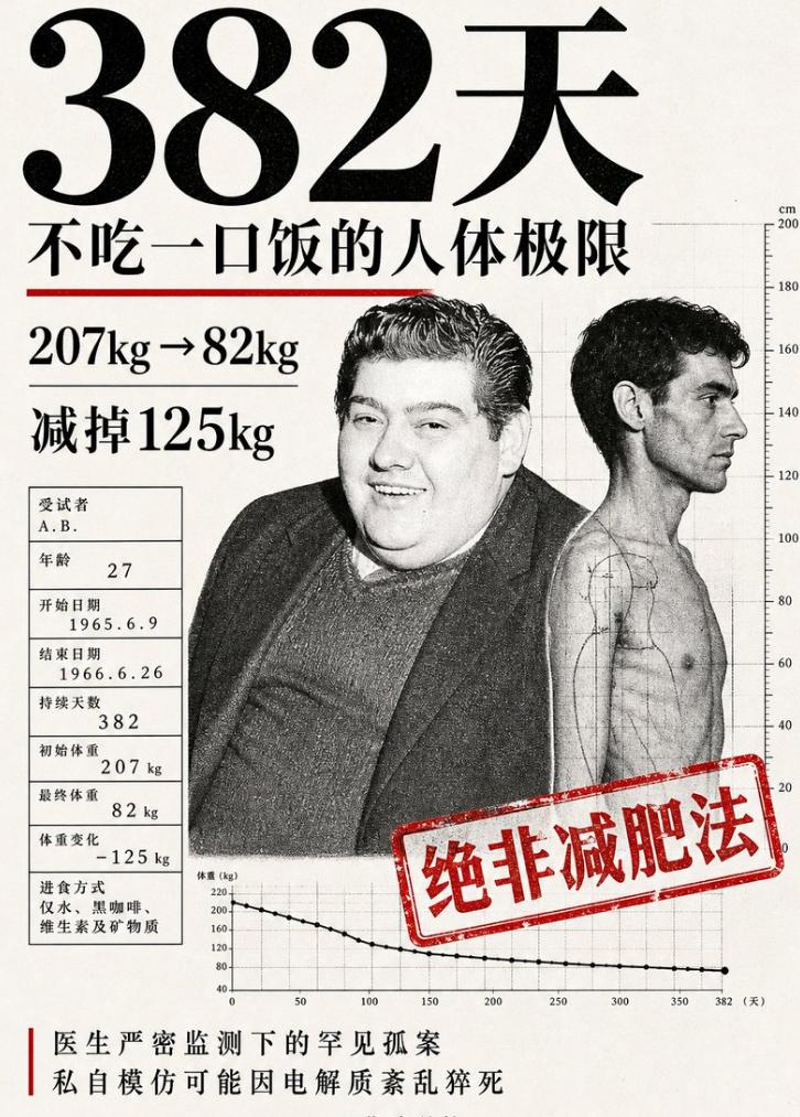 这是一次被写进医学史的人体极限报告，382天不吃一口食物，只喝水、黑咖啡和吞维生
