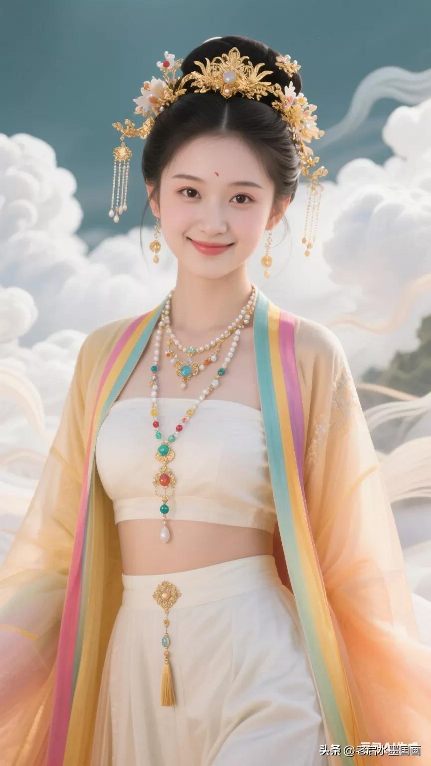 仙气飘飘的古风美人，云雾缭绕中宛如画中仙子。张立启原创书画AI作品古仕女发髻服饰
