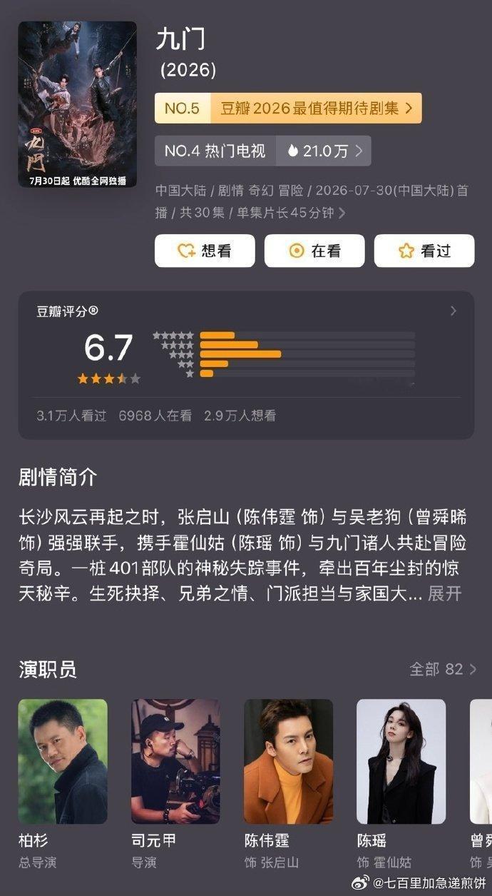 陈伟霆、曾舜晞、陈瑶《九门》豆瓣开分6.7，你觉得分数如何 