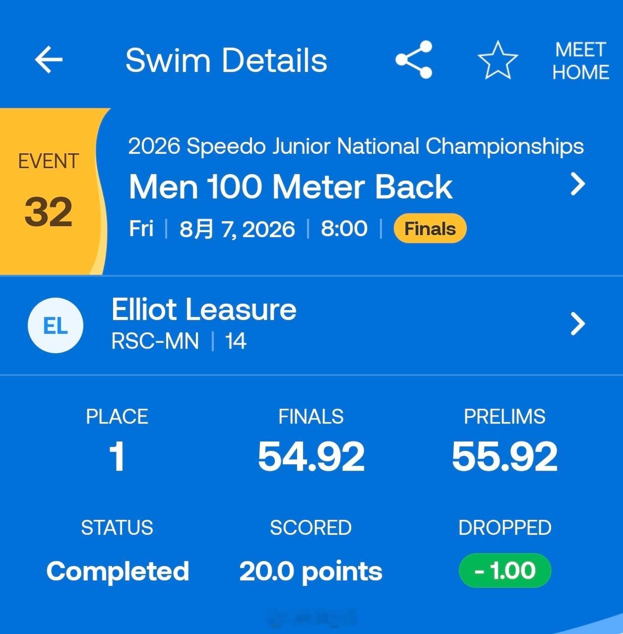 全美青年游泳锦标赛 男100仰决赛Elliot Leasure 54.92 PB