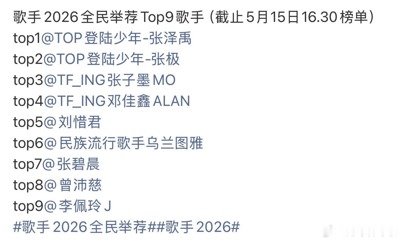 歌手2026全民举荐排名 歌手2026全民举荐top9 歌手2026全民举荐排名