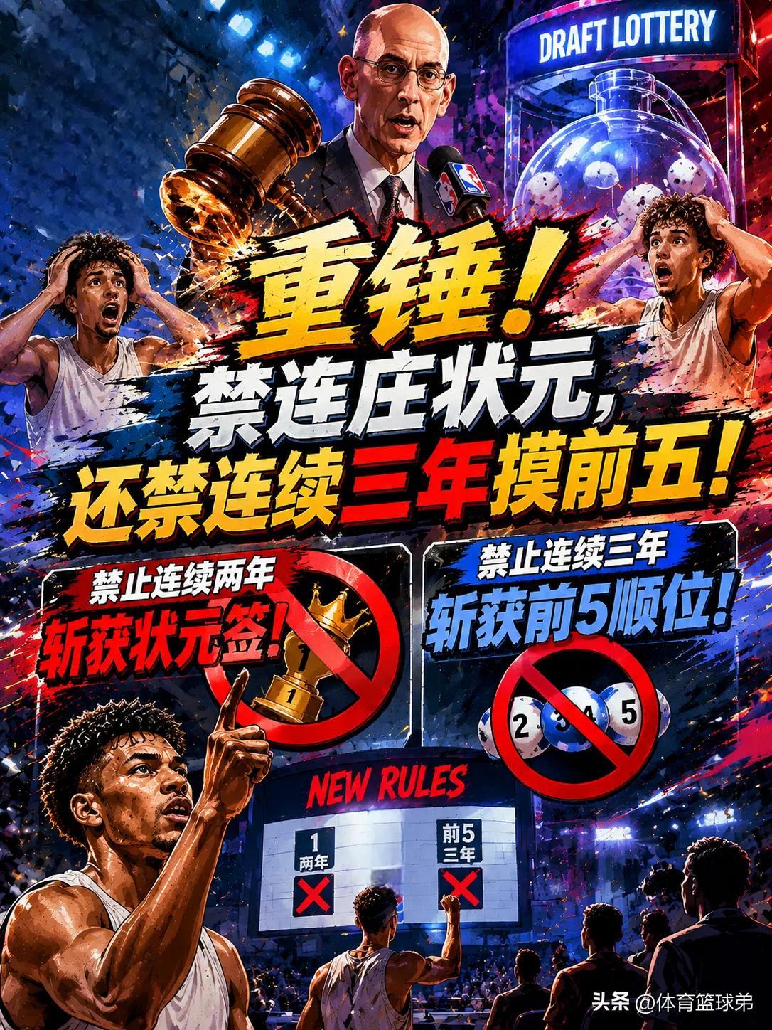 真正的重锤还真的来了，不仅禁止球队连续两年抽中状元签，还禁止连续三年拿到前五顺位