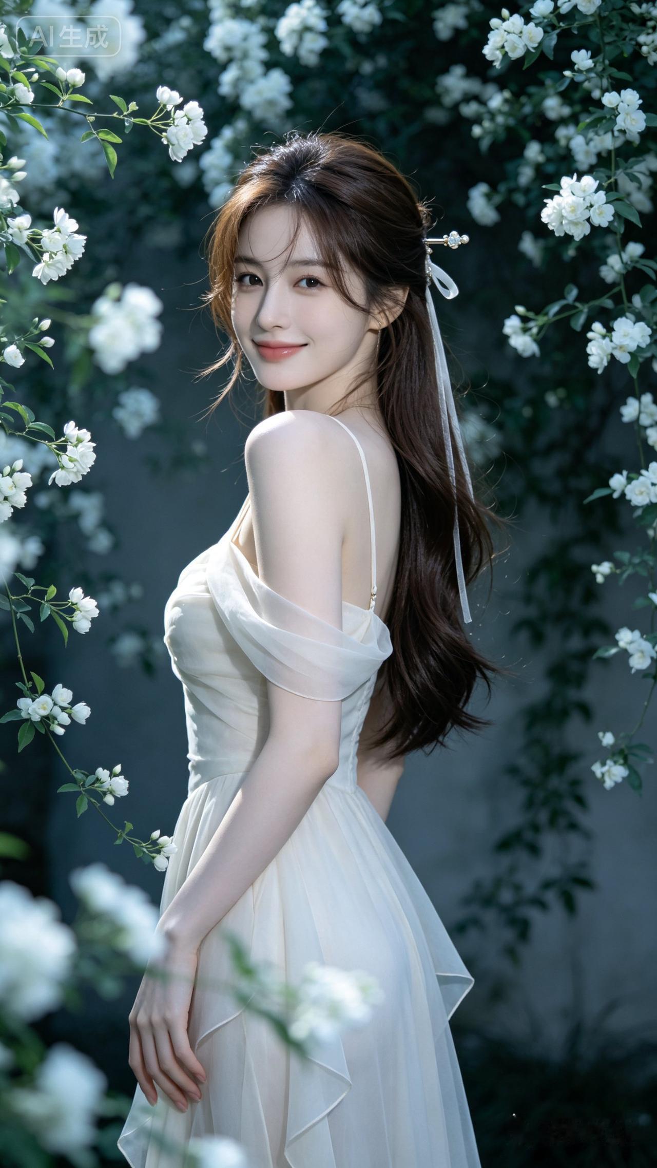 优雅白裙，花海中的甜美少女