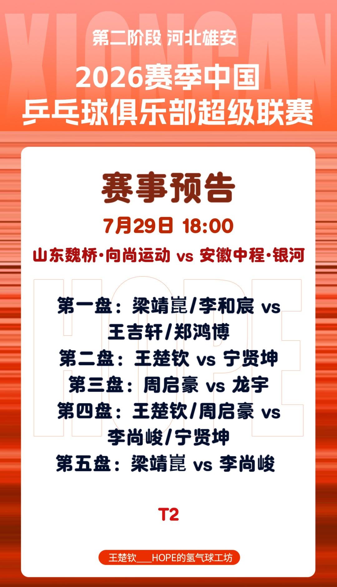 7月29日 18：00 男团常规赛
山东魏桥·向尚运动 VS 安徽中程·银河
王
