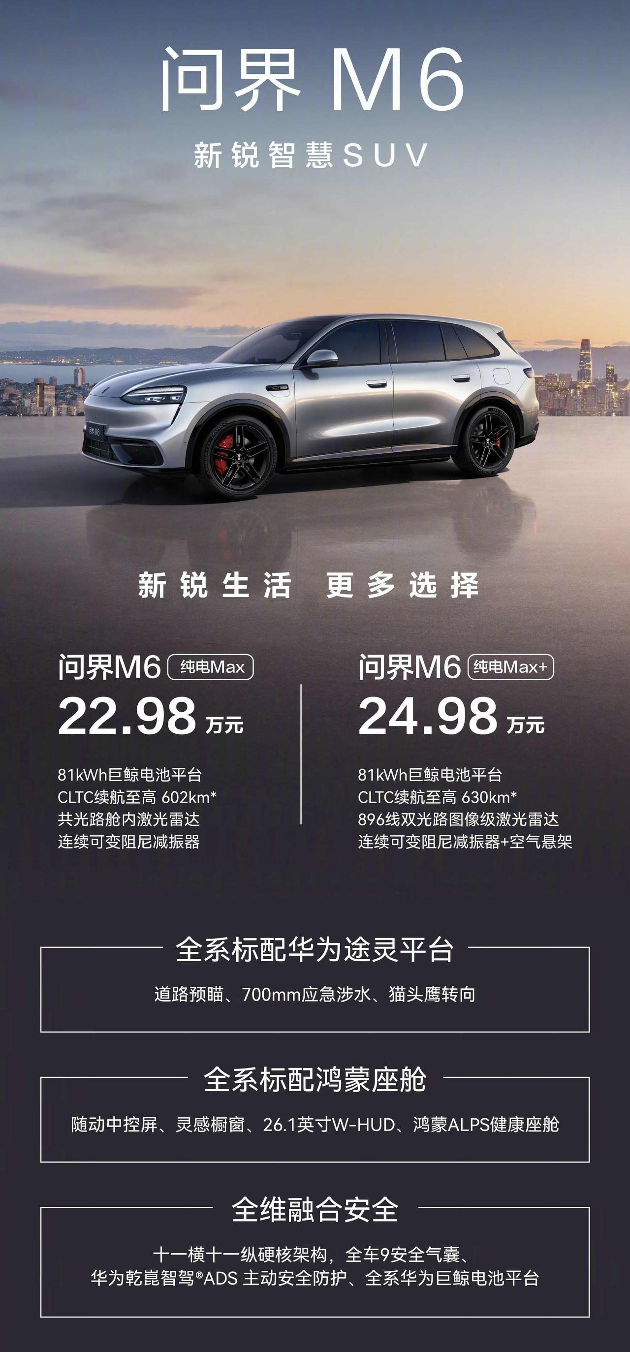 问界M6纯电版本发布：24.98万可以买到896线激光雷达+空气悬挂+81度电池