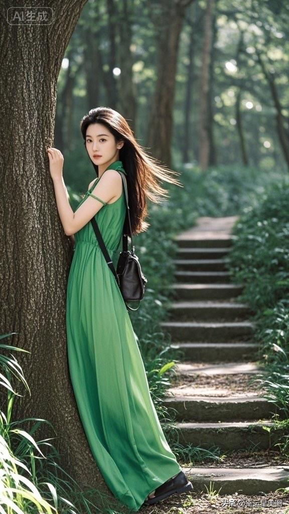 一位美女靠在树上，穿绿色长裙。