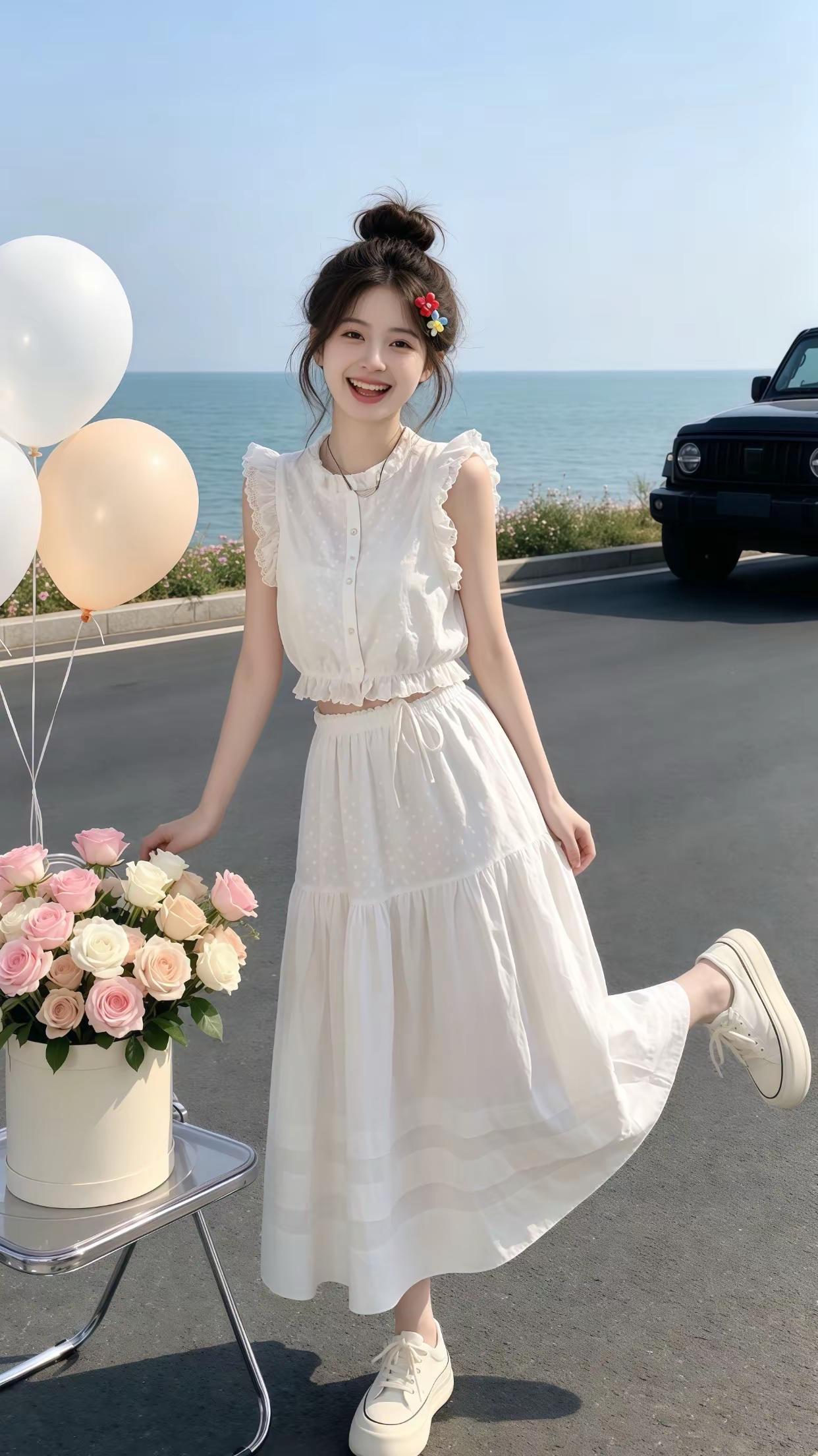 浅尝一下早夏氛围穿搭🍃 浪漫的白色连衣裙 白色仙女长裙连衣裙 无袖收腰白色连衣