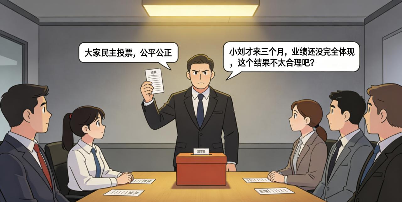 年底评优，部门有一个名额。
经理开会说：“大家民主投票，公平公正。”
大家写了纸