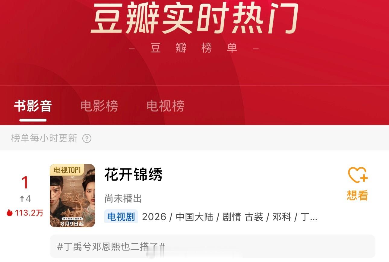 丁禹兮《花开锦绣》豆瓣实时热门双榜再次登顶还未开播登顶第一关注度好高，明天中午腾