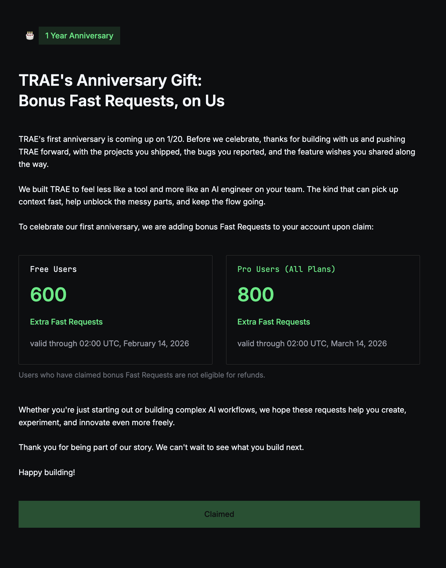 Easy同学正在独立开发   Trae又送次数了……   免费和付费账号都有感兴