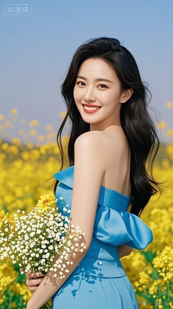 春日花海中的甜美少女，手捧一束白色小花，微笑如春风。