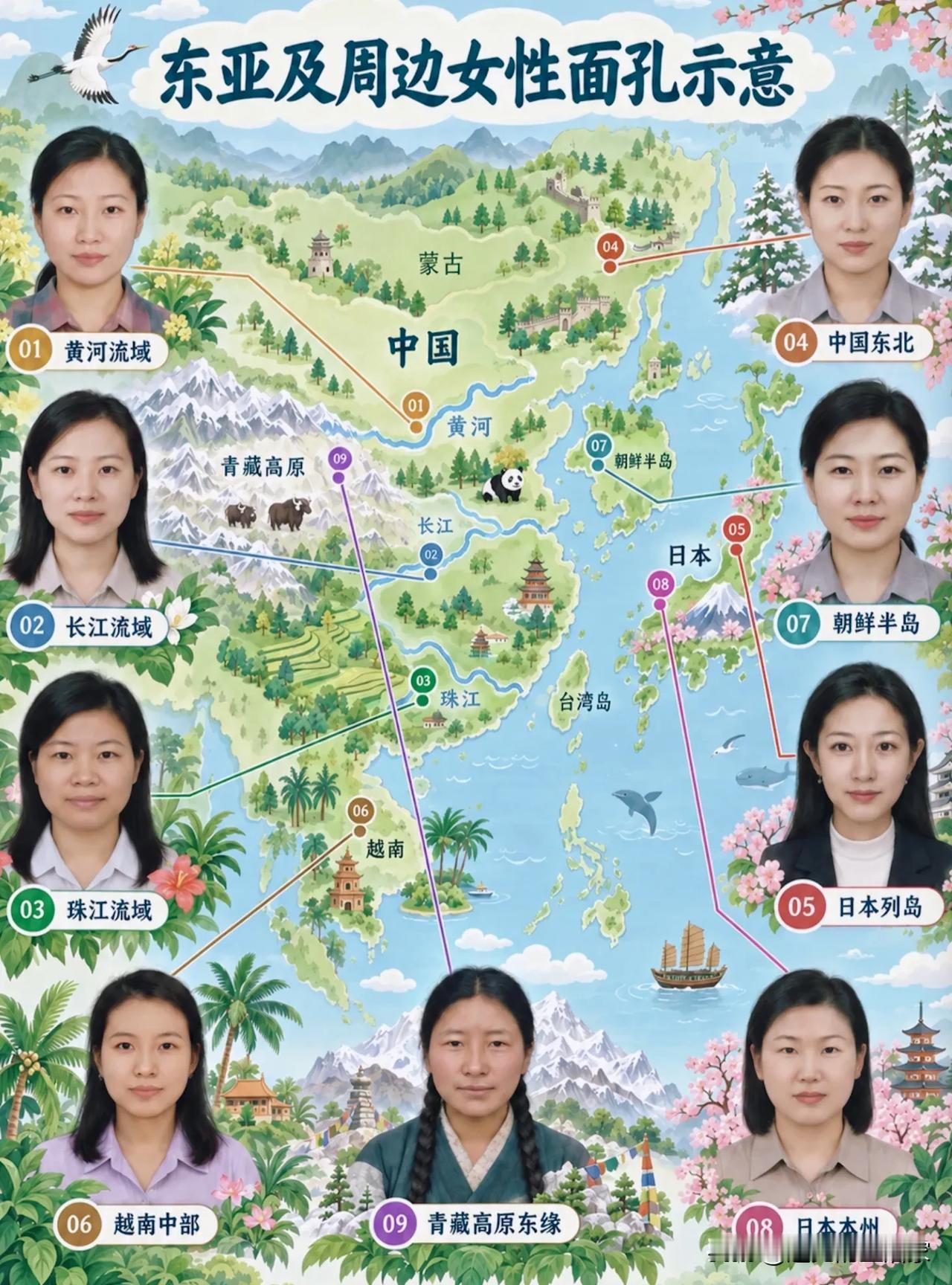 一张东亚面孔示意图，聊聊地域长相差异，别再简单贴标签！
 
🗺️这张图展示了东