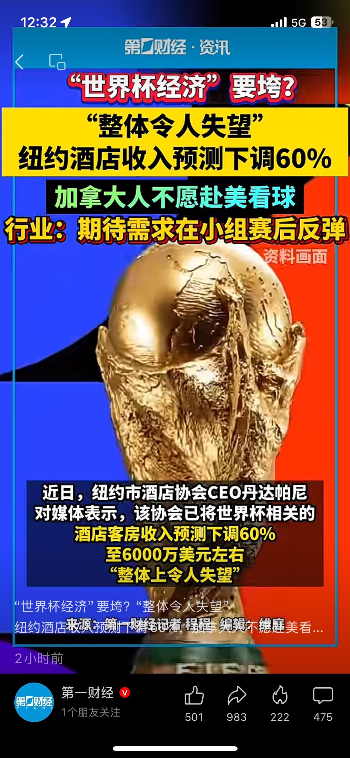 纽约市酒店协会负责人透露，受世界杯赛事影响的本地酒店营收预期大幅下调，降幅达到6