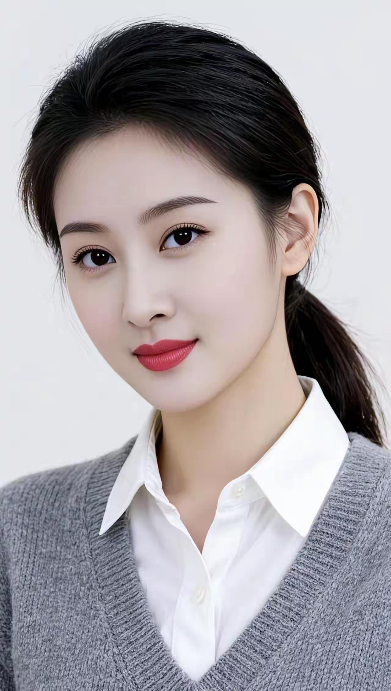 温柔甜美的微笑，红唇白衬衫，简约优雅！