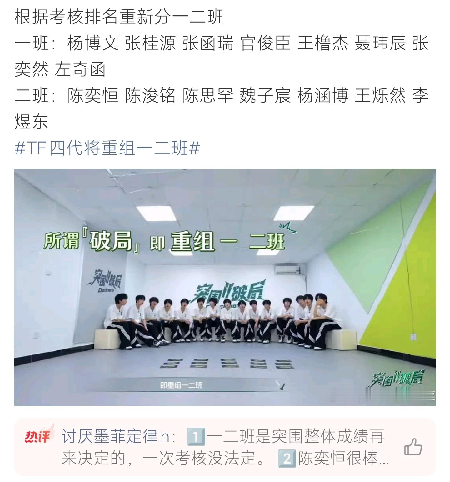 TF四代将重组一二班单次考核敲定TF四代全新班组配置，成员各自分班归属尘埃落定，