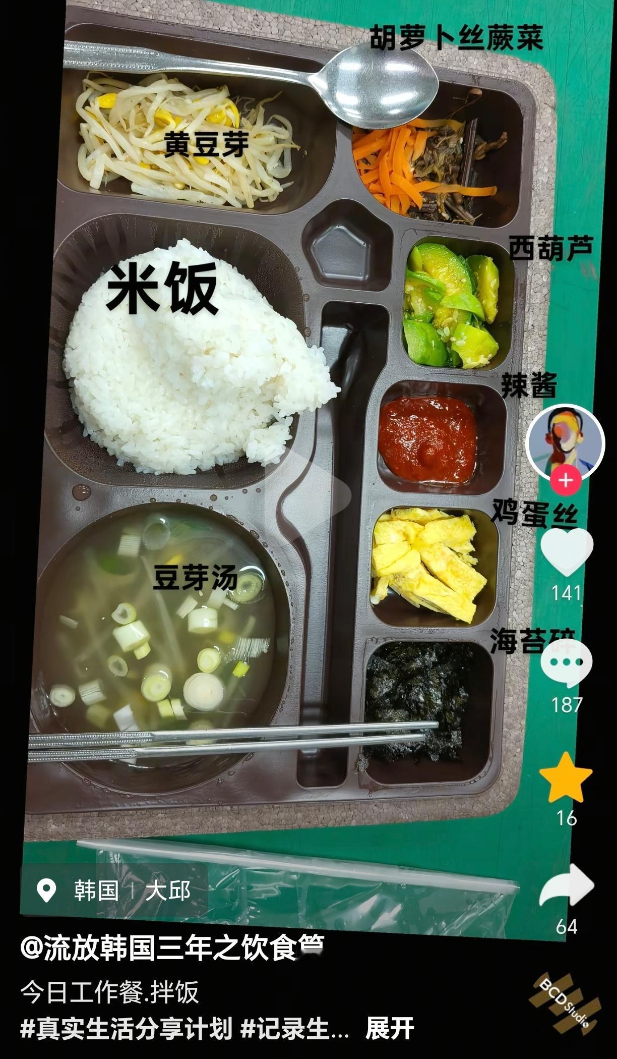 豆芽、豆芽汤、胡萝卜丝蕨菜、西葫芦、鸡蛋丝、海苔碎、泡菜、火腿肠、炸鱼皮、腌紫苏