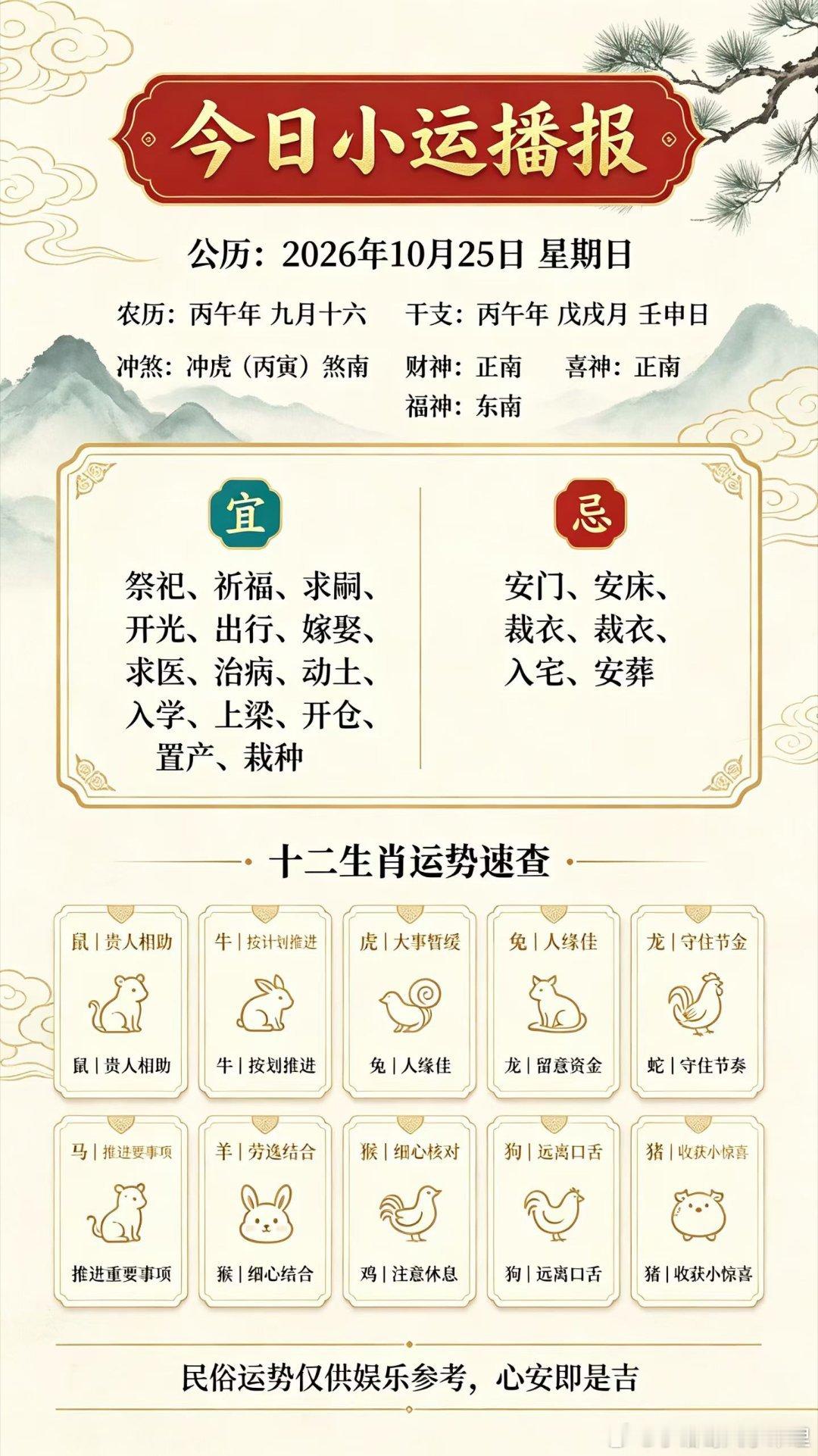 ✨今日小运播报📅公历：2026年10月25日｜星期日📜农历：丙午年 九月十六