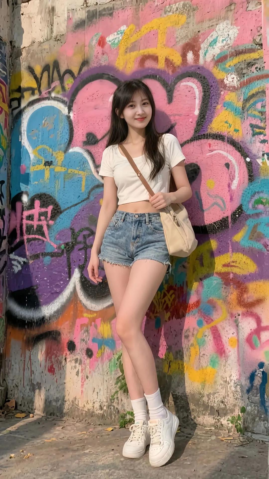 元气少女与色彩斑斓的街头涂鸦完美融合，活力满满！街拍 高清美女