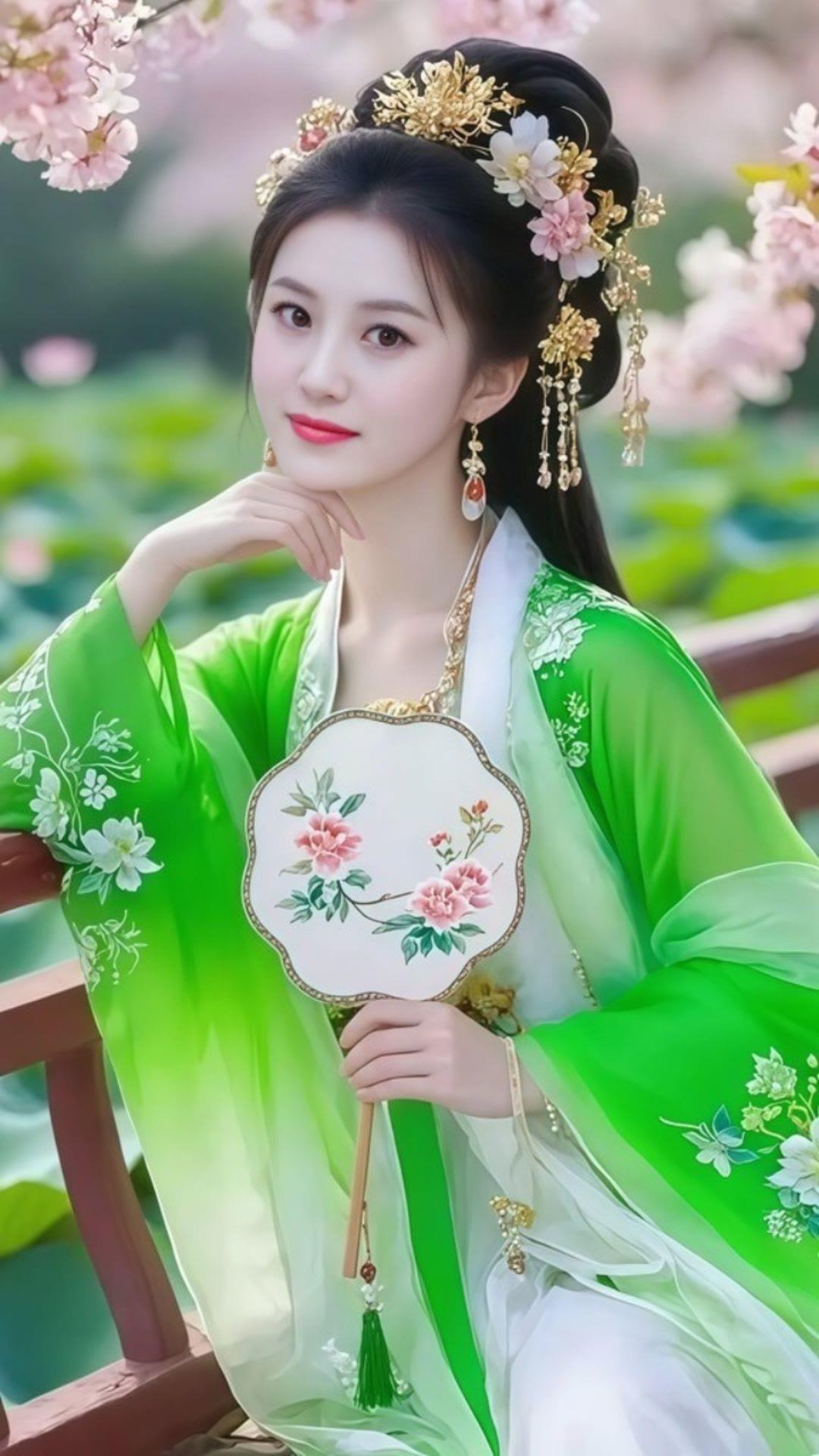 古风美人，手持团扇，花间漫步，尽显优雅。