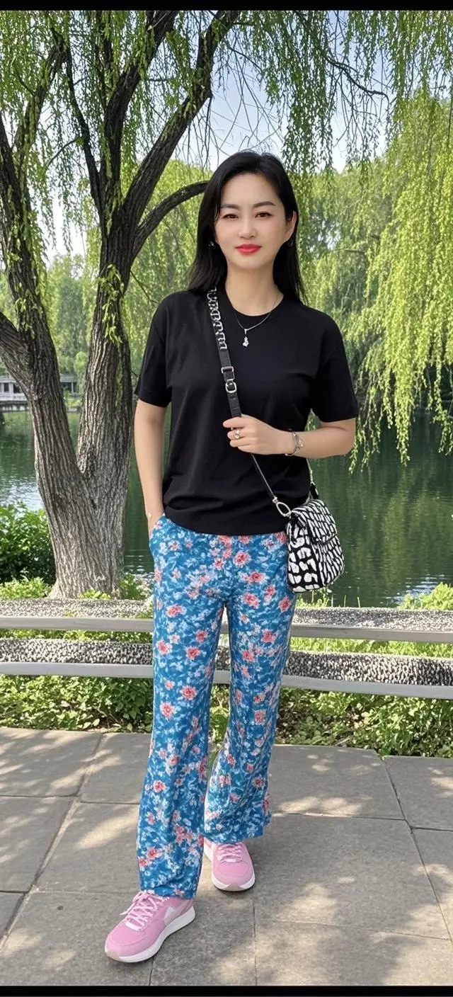 湖畔风姿  穿搭  花裤子
