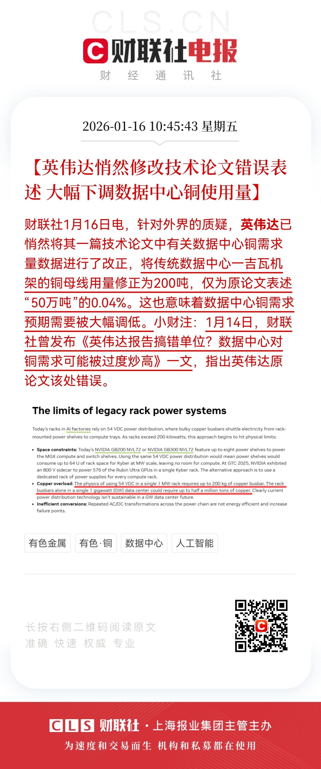 惊天大乌龙！
铜概念方向迎来利空！
英伟达紧急改论文，数据中心铜需求直接砍到0.