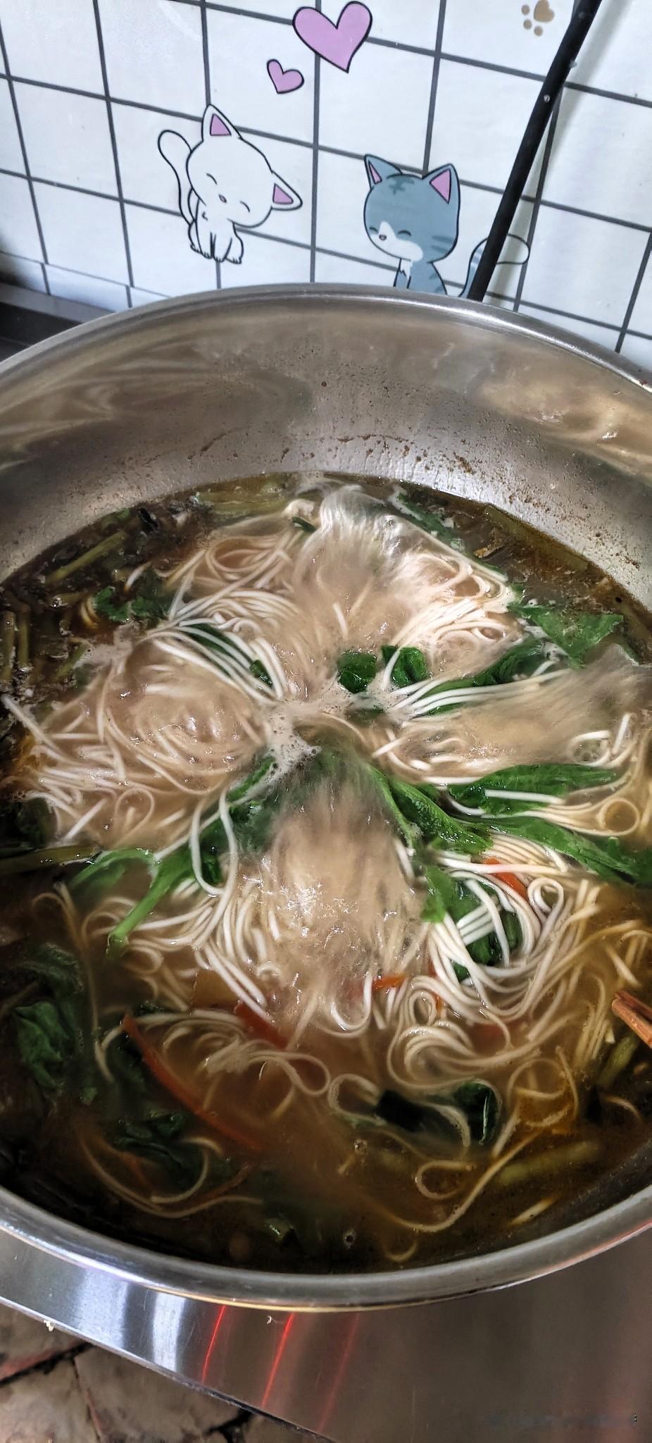 一锅热乎乎的家常汤面
 
晚上懒得琢磨复杂饭菜，干脆煮了一大锅清汤面。细面条下锅