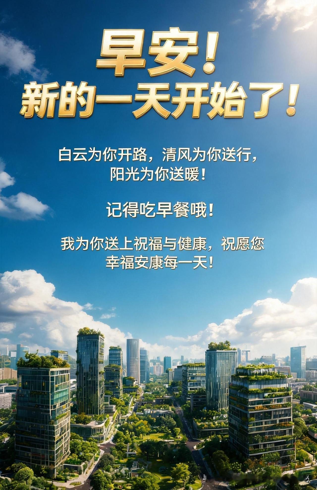 早安！新的一天开始了！白云为你开路，清风为你送行，阳光为你送暖！记得吃早餐哦！