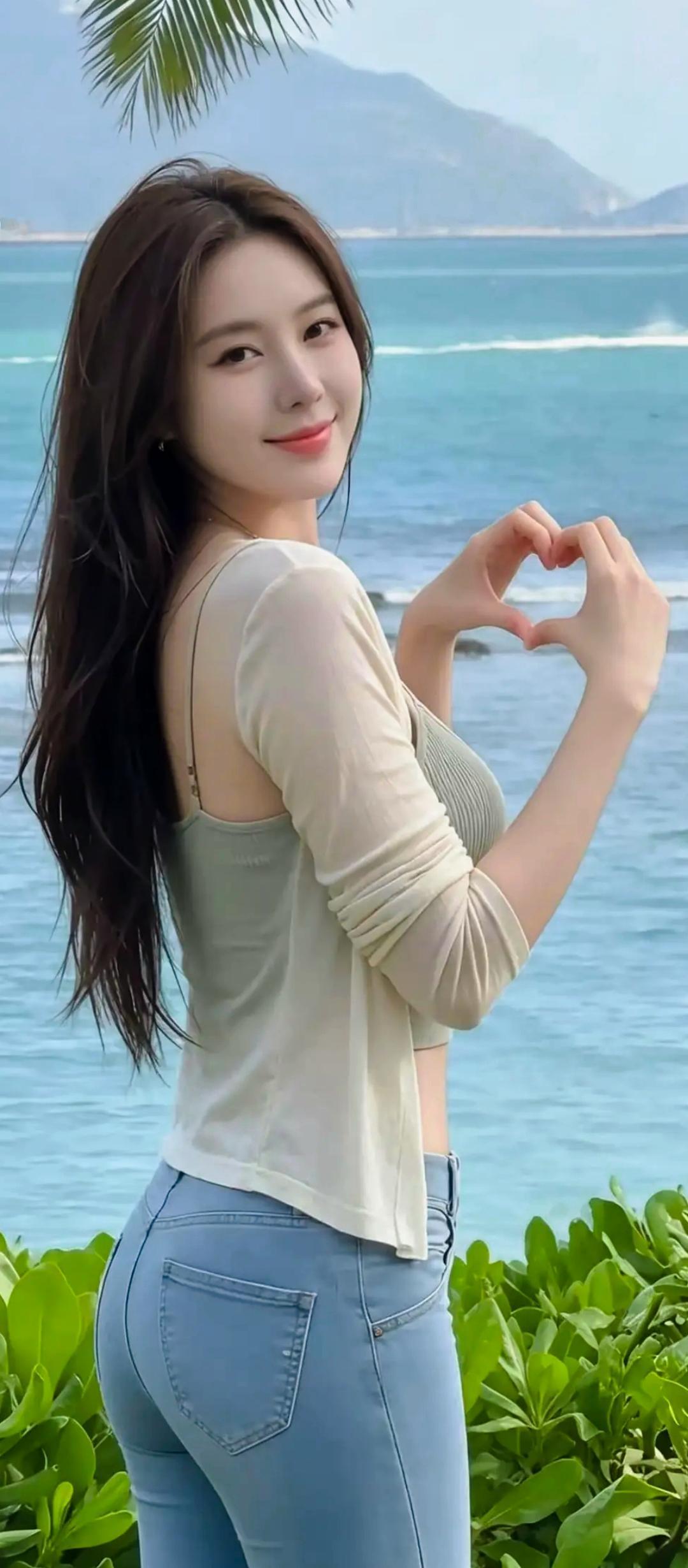 海边姑娘比心，好美！