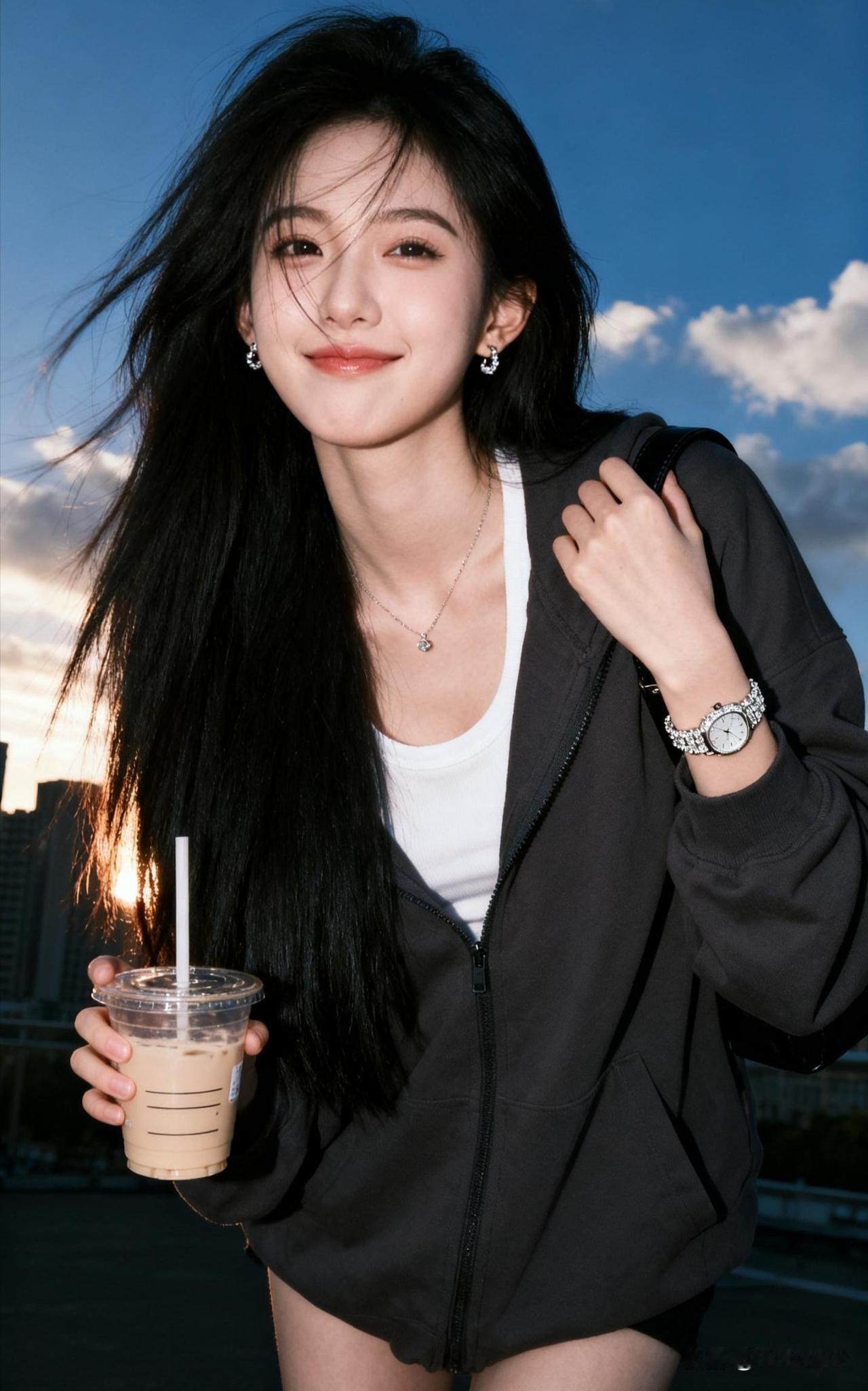 元气少女，夏日冰饮，都市漫步