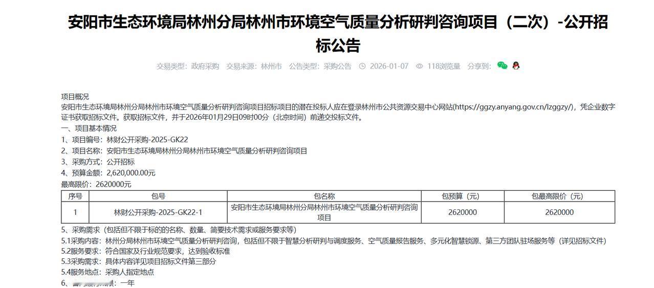 安阳市生态环境局林州分局林州市环境空气质量分析研判咨询项目（二次）-公开招标公告