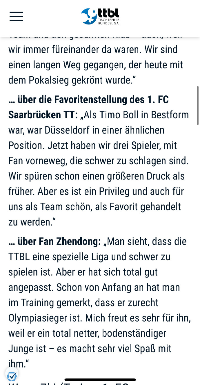 小弗说樊振东不愧是奥运冠军据TTBL报道，德国杯四强赛各方的赛后采访：弗朗西斯卡