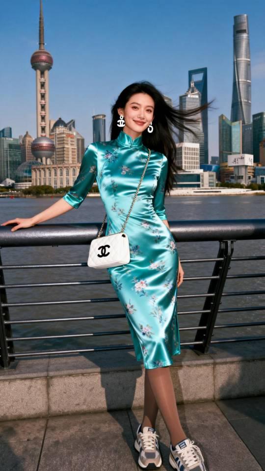 记录我的2026身穿蓝色旗袍裙的女子上海留影。旗袍 旗袍美女 高雅气质美女