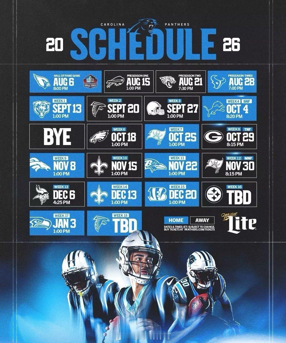 北京时间5月19日，随着2026赛季NFL常规赛赛程的正式揭晓，卡罗莱纳黑豹队主