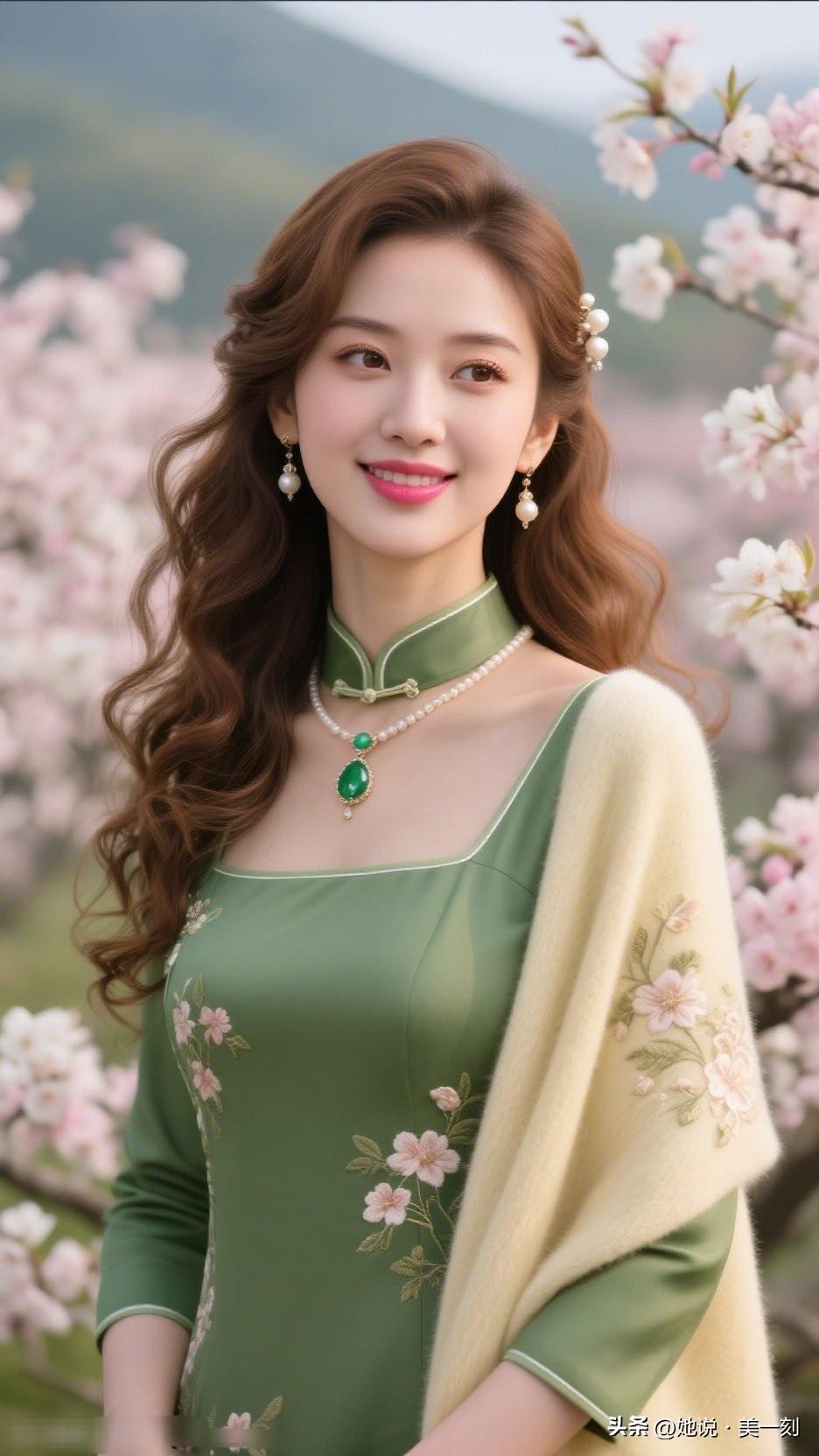 春日花开美人笑，绿衣飘飘似仙仙。分享一张非常好看的照片 春日仙境中的古典美人，花