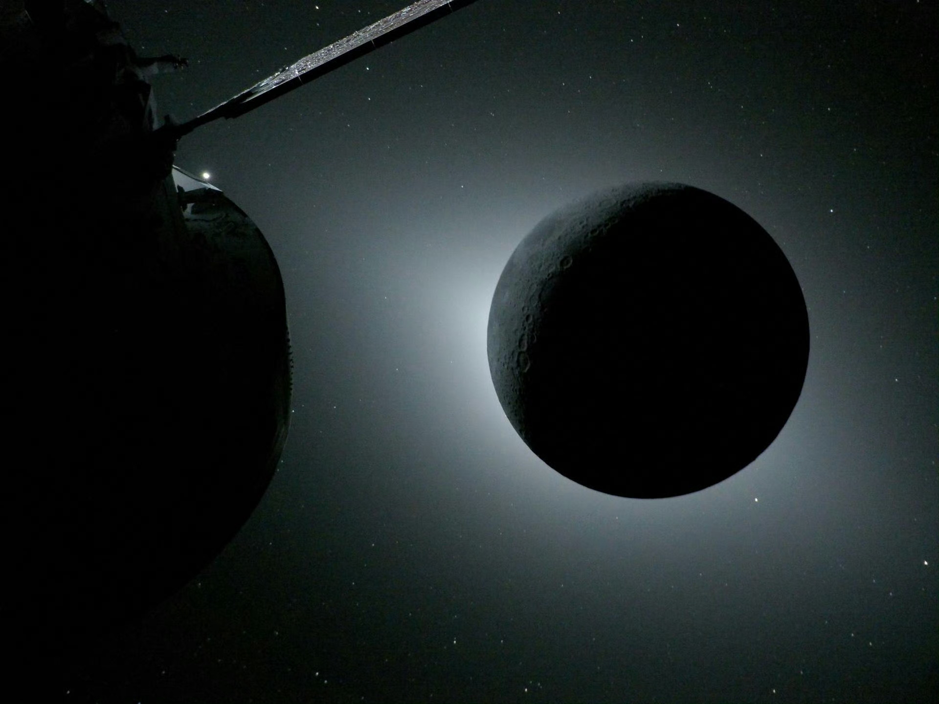 【航天阿尔忒弥斯2号 猎户座拍摄的的日全食画面】。4月6日，安装在猎户座飞船太阳