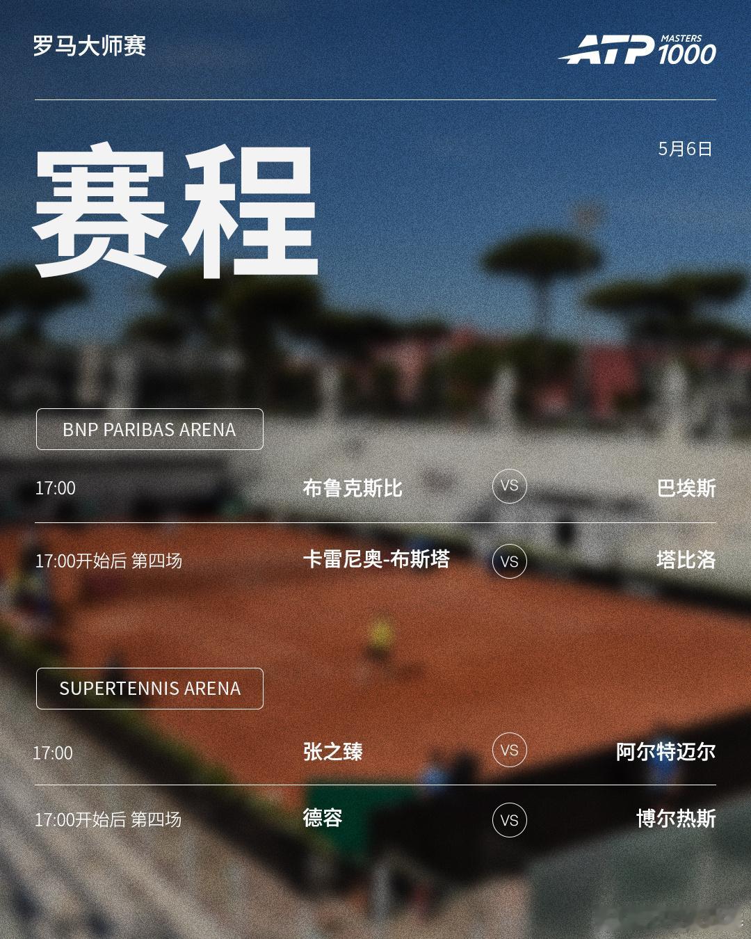 ATP1000 罗马大师赛周三赛程如下（均为北京时间）👀📍意大利·罗马🎾男