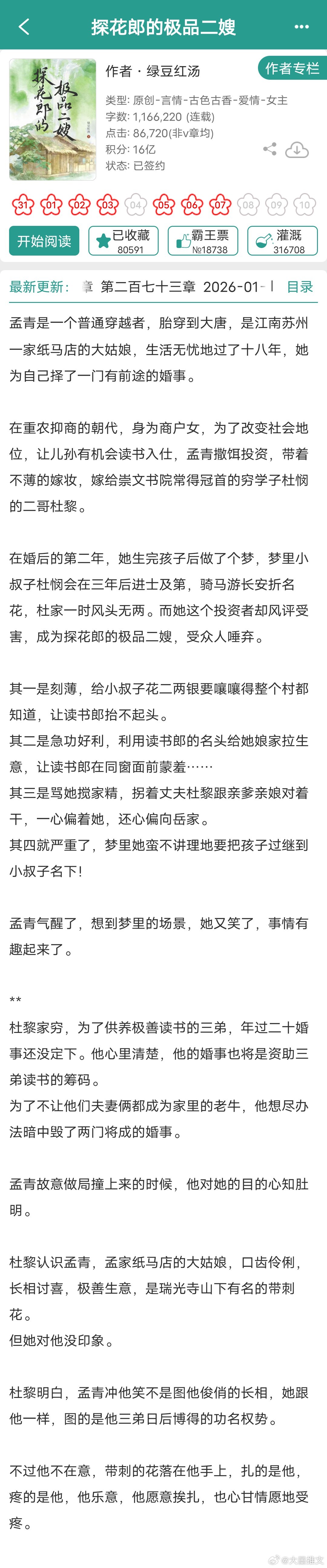 推文 这两本古代种田文正文完结啦绿豆红汤的《探花郎的极品二嫂》感觉作者格局更大，