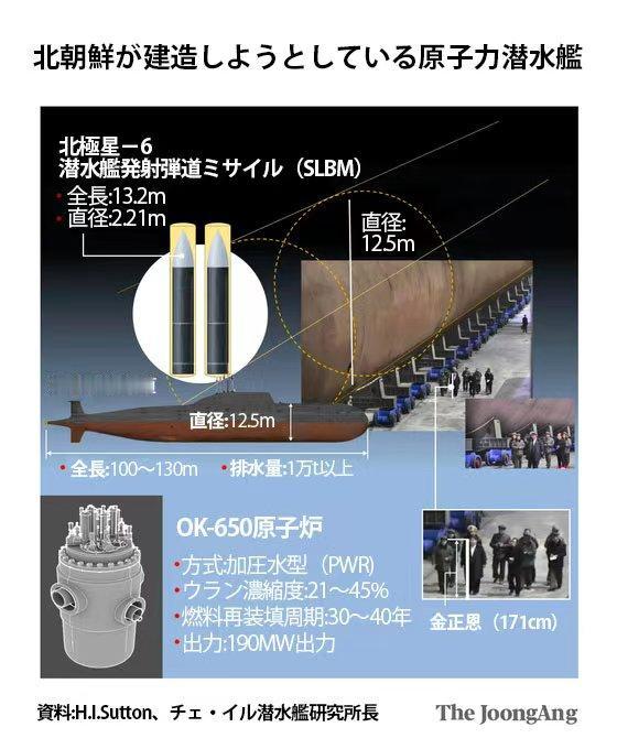 外界推测朝鲜战略导弹核潜艇耐压壳直径12.5米，排水量1万吨以上，使用俄罗斯OK