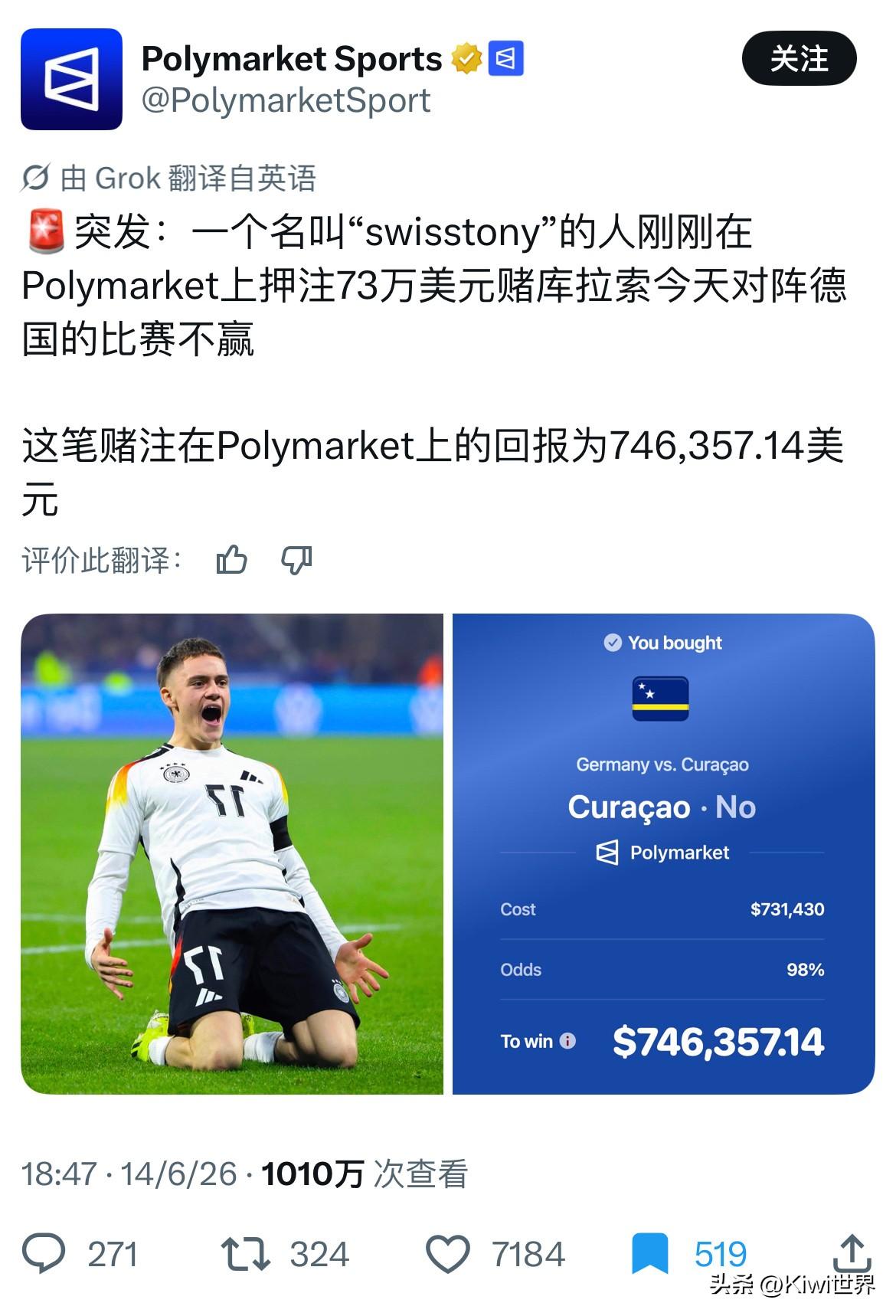 一个名叫“swisstony”的人在Polymarket上押注了73万美元赌库拉