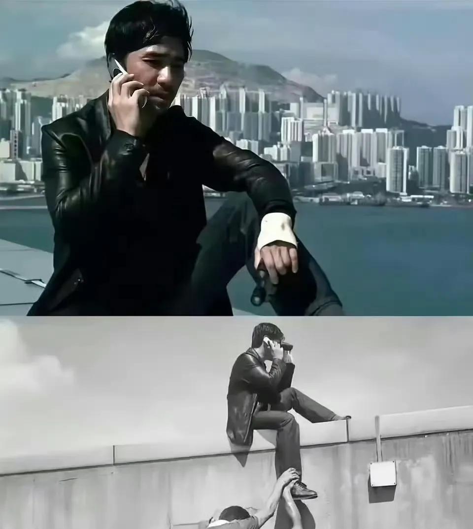 以前的演员拍戏真得好拼，有危险是真上。这高度少说离地几十层楼高，硬是靠人工拉着一