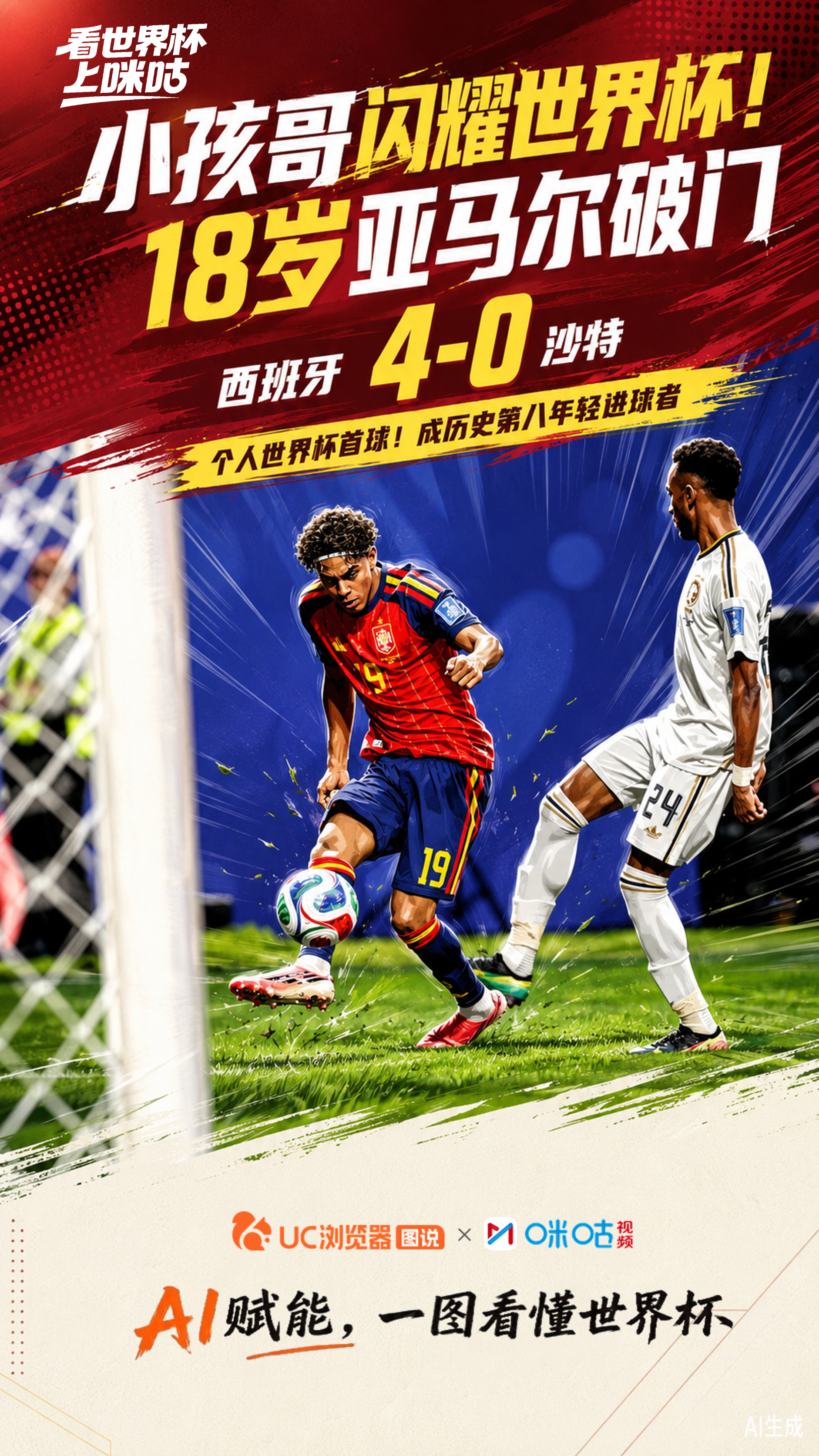 #西班牙4比0沙特#亚马尔斩获世界杯首球，奥亚萨瓦尔2射1传，西班牙4-0大胜沙