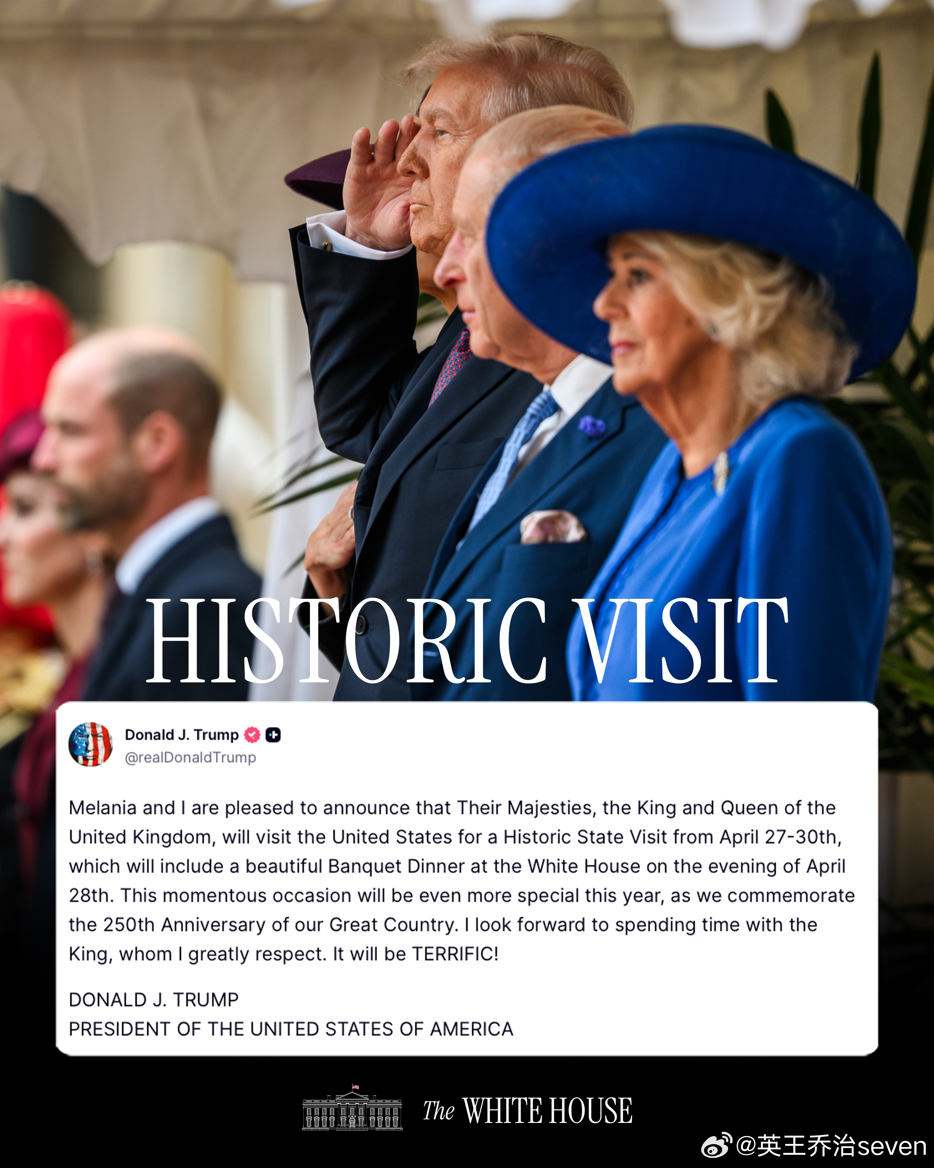 查尔斯三世国王 【预告】川普宣布英国国王和王后将于4月27日至30日进行历史性的