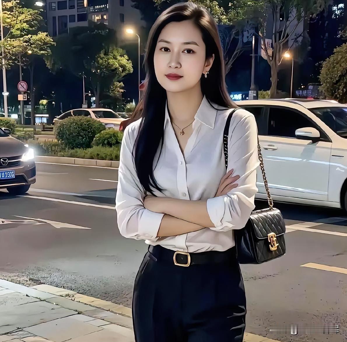 夜街灯暖，树影轻摇。
白衫如月光，垂落肩头。
黑裤似墨砚，勾勒身姿。
臂弯相抱，