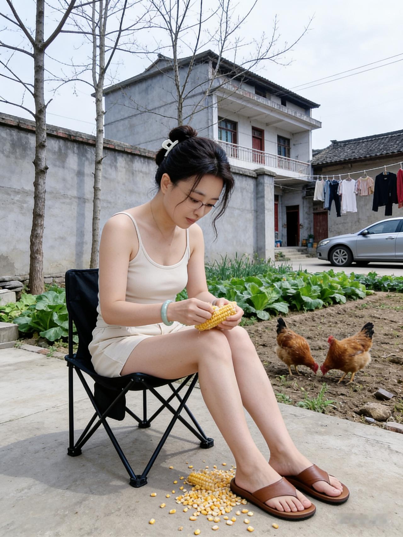 白皙精致的东亚女子挽发带白夹，穿米吊带短裤，坐农家院剥玉米，光影柔和，田园烟火氛